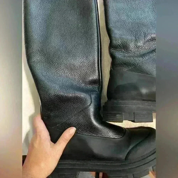 ZARA Faux Shearling Lined Mid-Calf Leather Boots Black Lug Sole Sz 38 - Picture 7 of 14